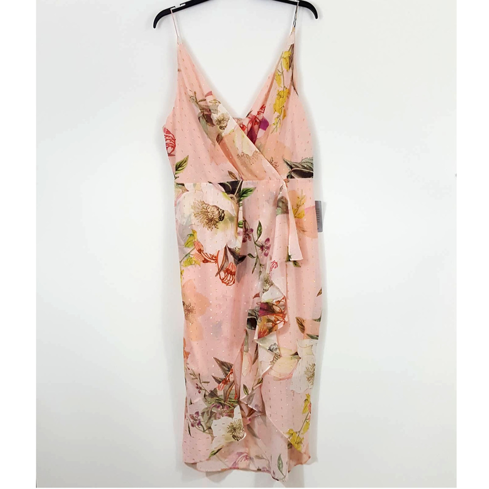 Cooper St Pink Floral Dress Surplice Neckline Metallic Detail NWT Women's 12